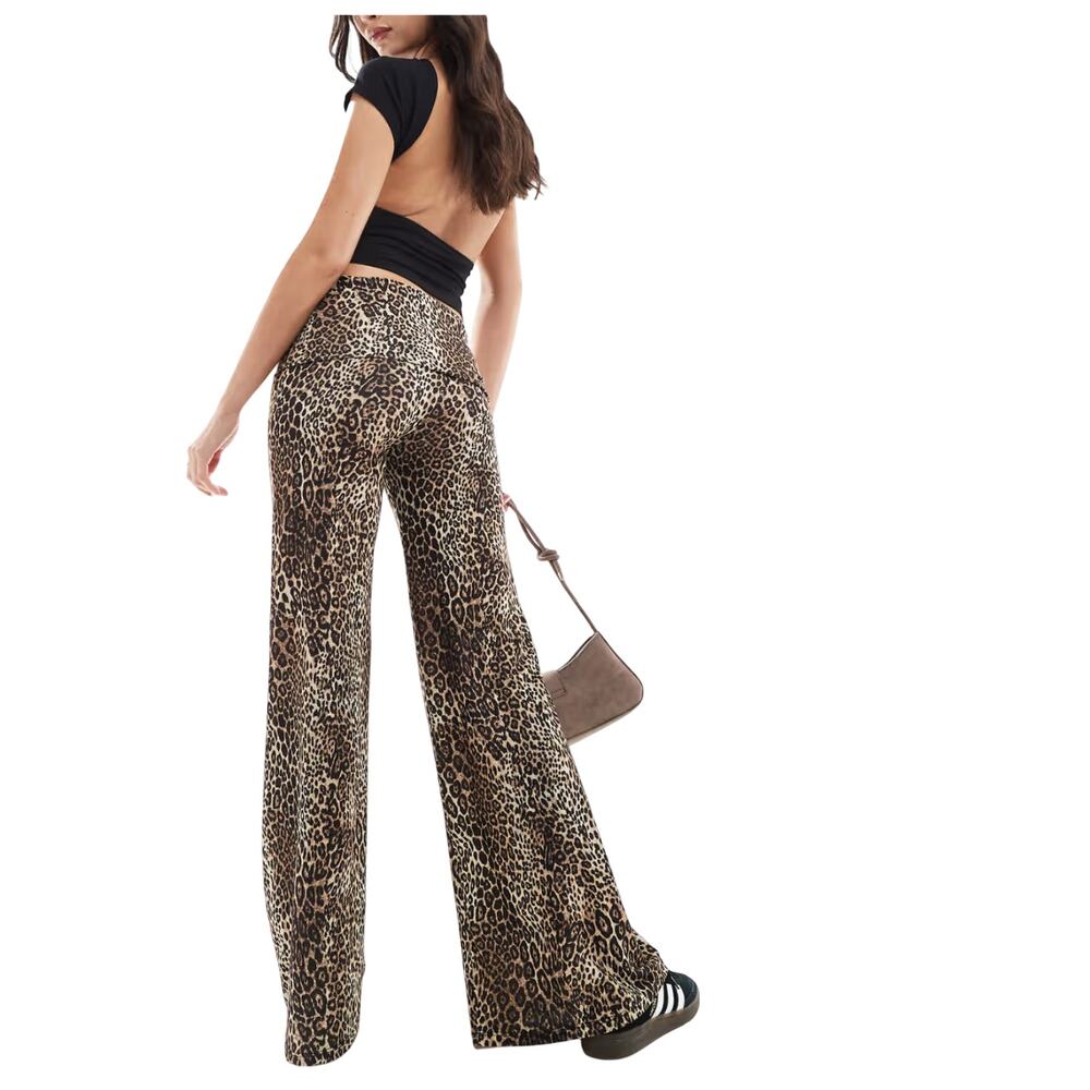 ASOS Stradivarius Leopard Print Wide Leg Pants Small High Rise Stretch Pull On